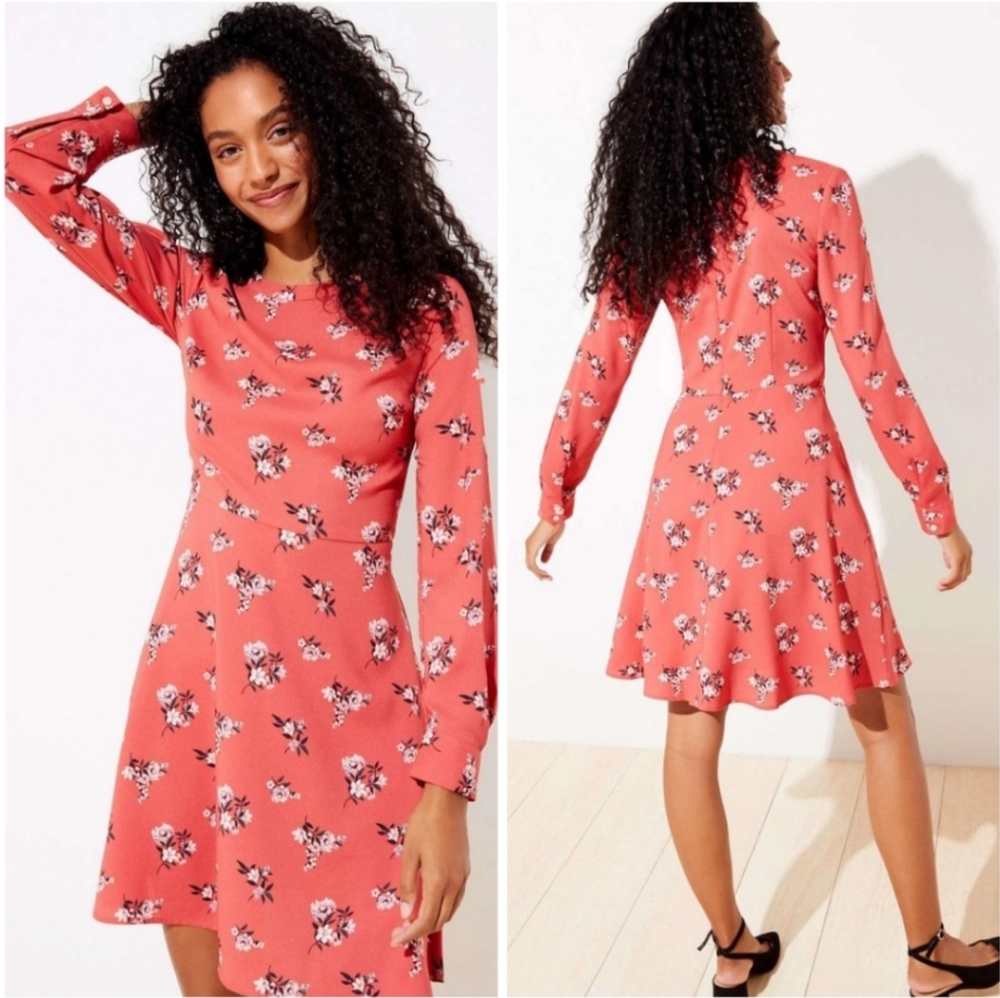 Ann Taylor Loft Floral Pleated Cuff Flare Dress‎ 0